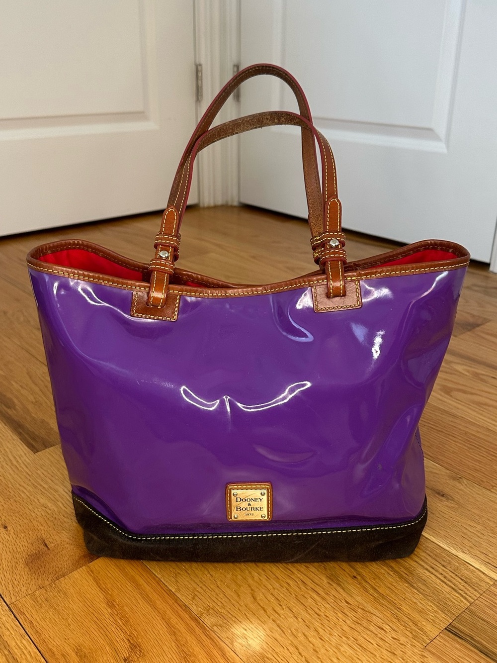 Dooney & Bourke Purple Patent Tote with Tan Trim and Dark Brown Suede Base